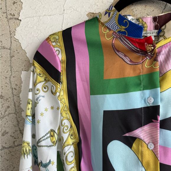 Satin Shirt Dress Multicolor Scarf Print Mini Belted Front NWT Retro Boho Small - Picture 2 of 5